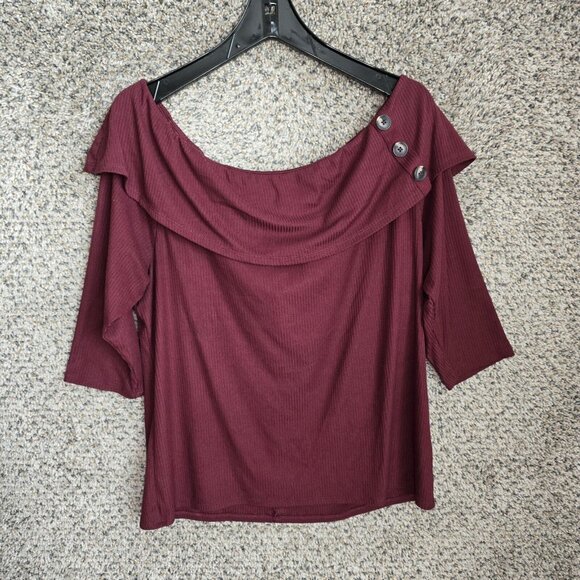 Lane Bryant Top Womens Plus 14/16 Burgundy Off The Shoulder Blouse Button Accent - Picture 1 of 8